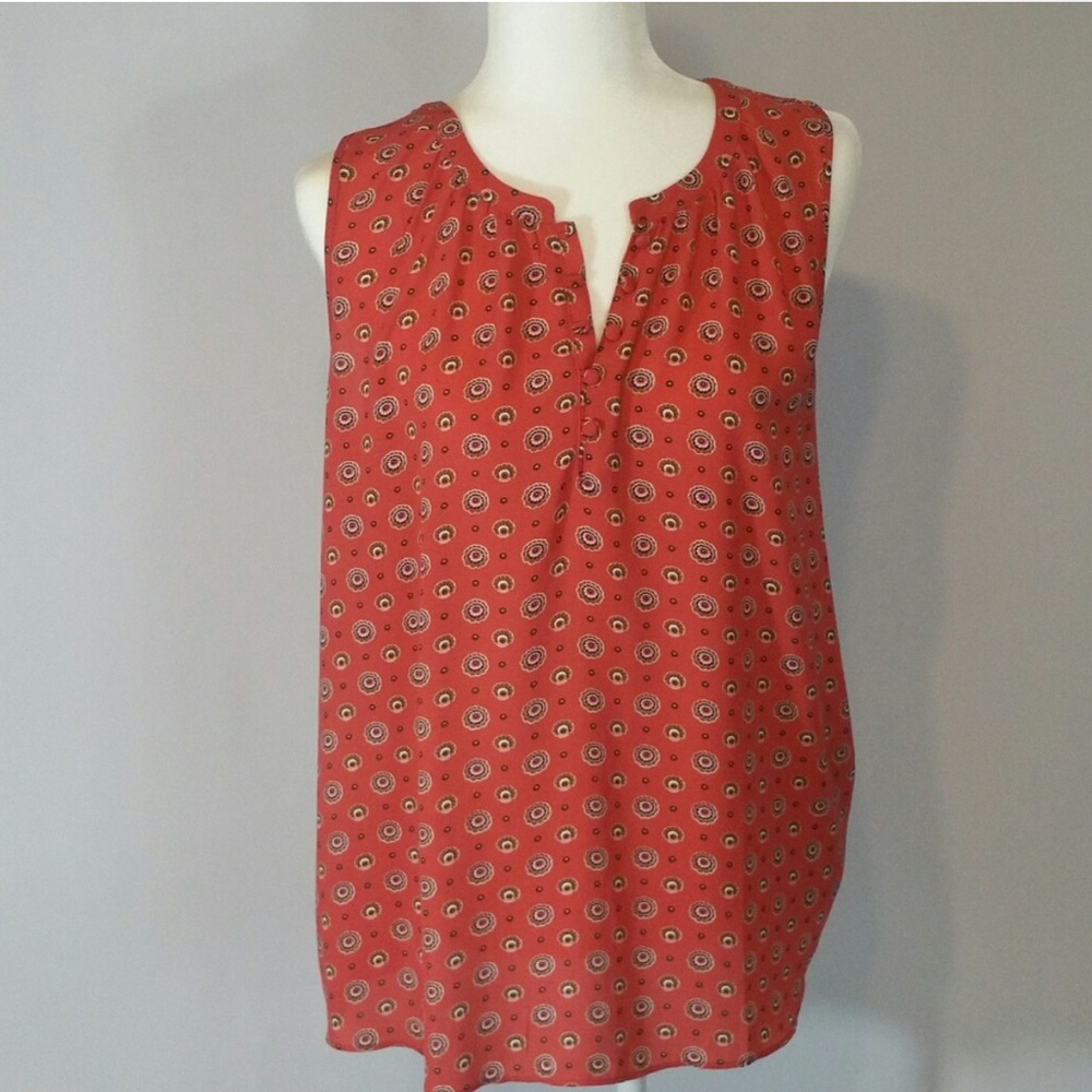 LOFT Salmon‎ Orange Print Sleeveless Button Casual Blouse Top Shirt Small S